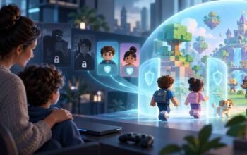 Ilustrasi perlindungan akun anak di Roblox melalui sistem berbasis usia dan kontrol orang tua.