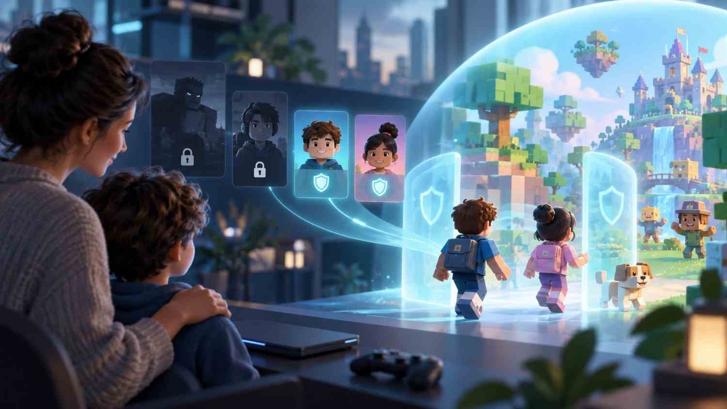 Ilustrasi perlindungan akun anak di Roblox melalui sistem berbasis usia dan kontrol orang tua.