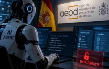 Ilustrasi AI agent mengakses sistem dan data pribadi dalam kasus kebocoran data yang dilaporkan ke AEPD Spanyol.