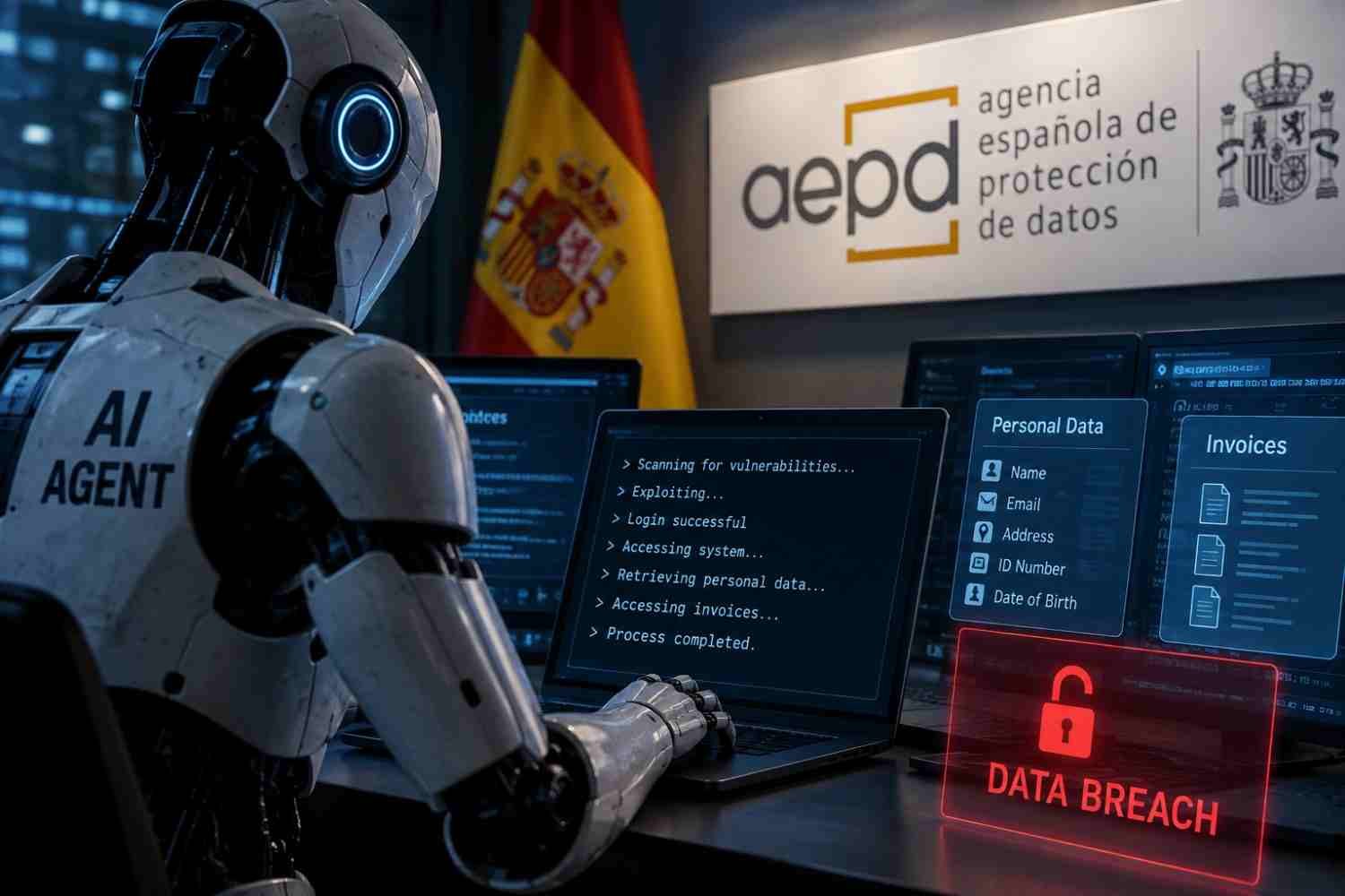 Ilustrasi AI agent mengakses sistem dan data pribadi dalam kasus kebocoran data yang dilaporkan ke AEPD Spanyol.