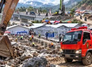 Rp435,3 Miliar Mengalir ke 6 Daerah, Ini Peta Bantuan Pascabencana Sumatera Ilustrasi pemulihan pascabencana di Sumatera dengan alat berat, pembangunan hunian, dan perbaikan jembatan