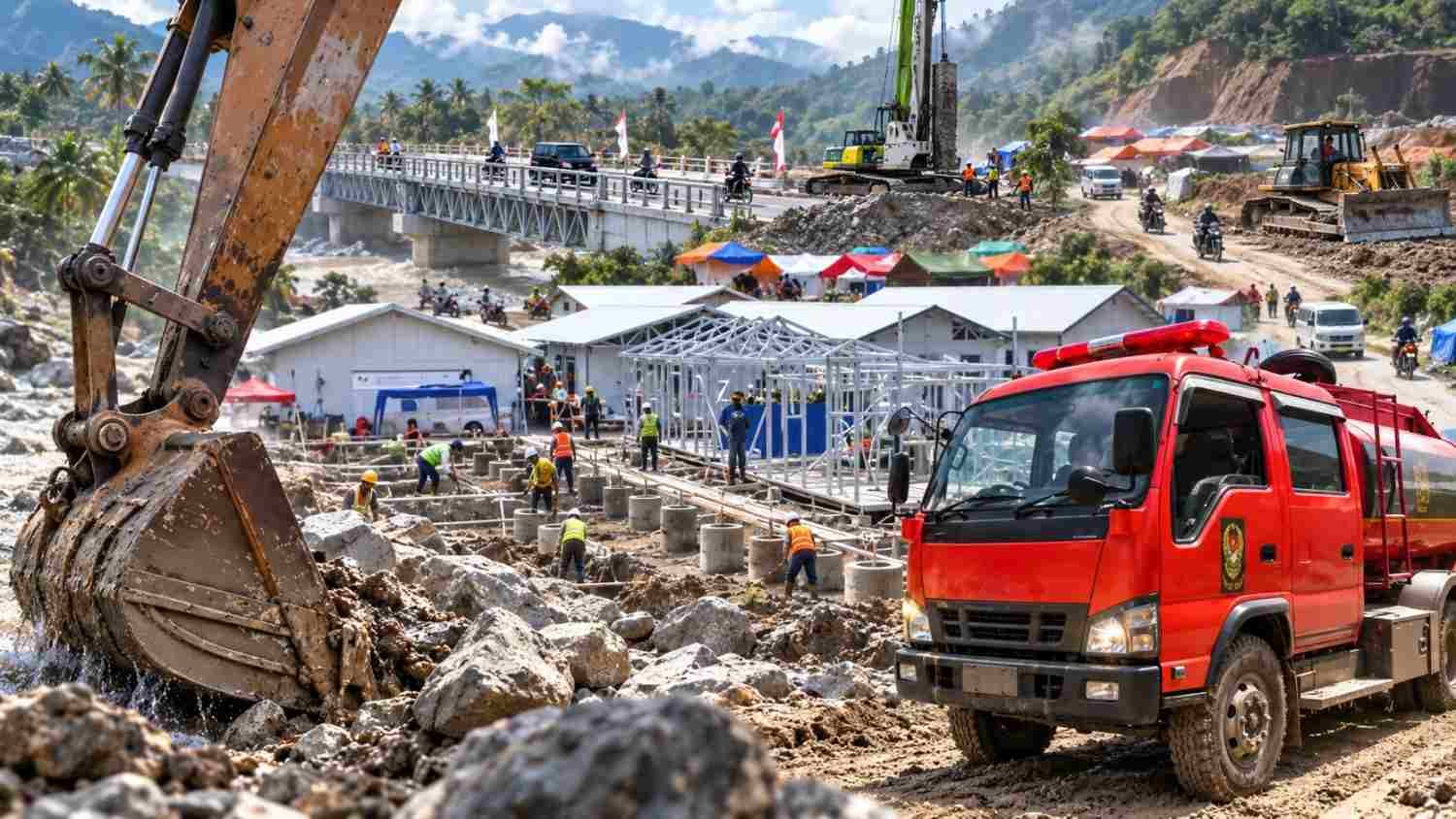 Ilustrasi pemulihan pascabencana di Sumatera dengan alat berat, pembangunan hunian, dan perbaikan jembatan