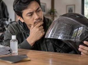Pengendara memeriksa baret pada visor helm sebelum melakukan perawatan atau pemolesan.