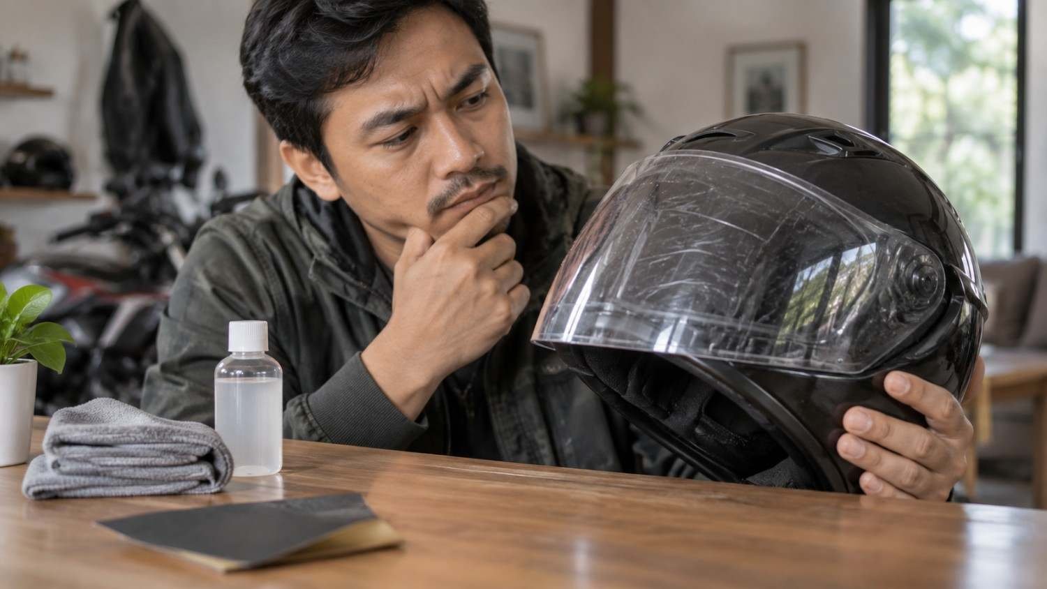 Pengendara memeriksa baret pada visor helm sebelum melakukan perawatan atau pemolesan.