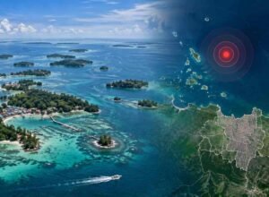 Ilustrasi gempa M6,5 Kepulauan Seribu dengan peta Jakarta dan titik pusat gempa