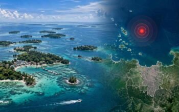 Ilustrasi gempa M6,5 Kepulauan Seribu dengan peta Jakarta dan titik pusat gempa