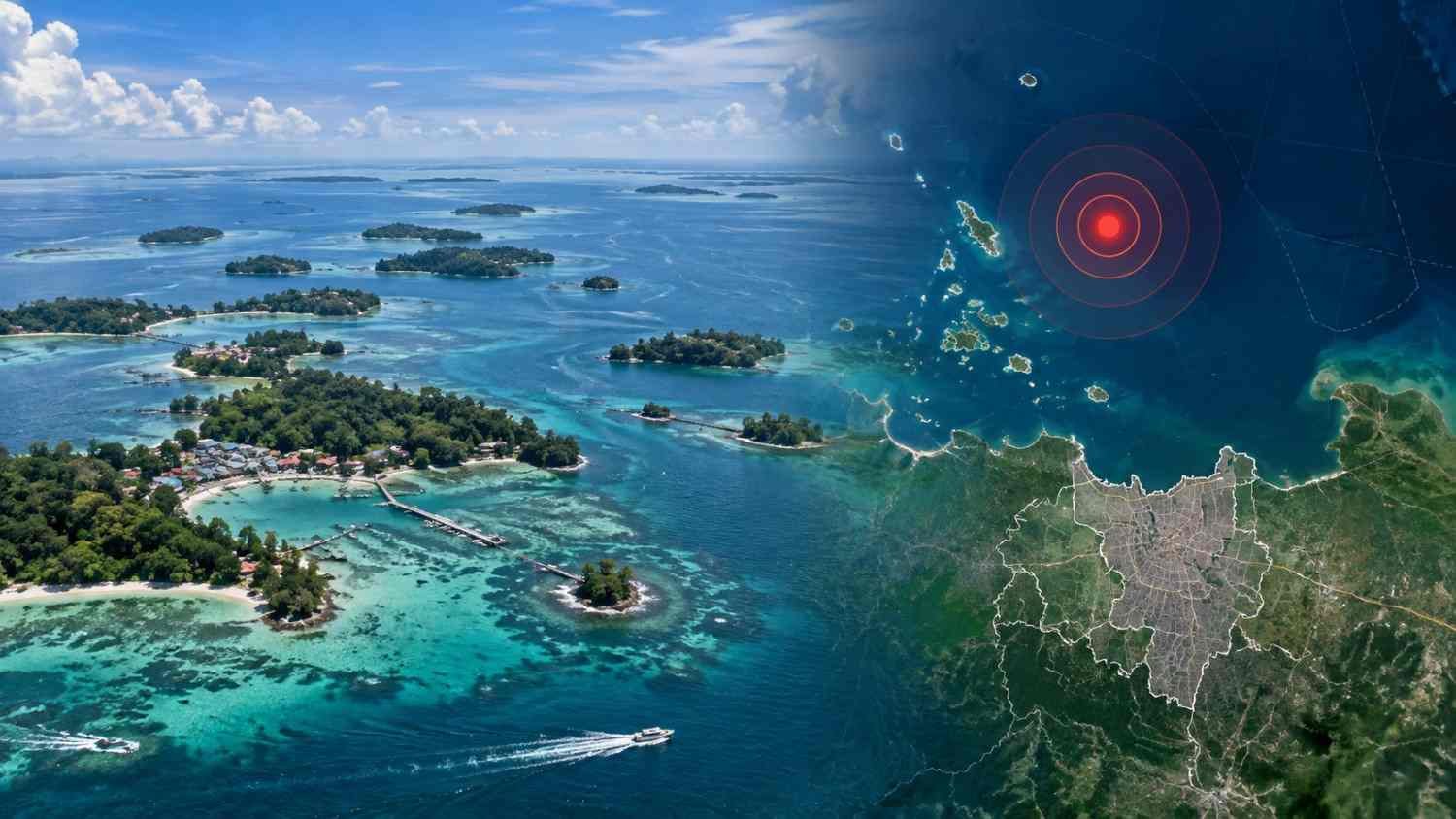 Ilustrasi gempa M6,5 Kepulauan Seribu dengan peta Jakarta dan titik pusat gempa