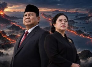 Ilustrasi Presiden Prabowo Subianto dan Puan Maharani dengan latar Ring of Fire terkait wacana integrasi BMKG dan Badan Geologi