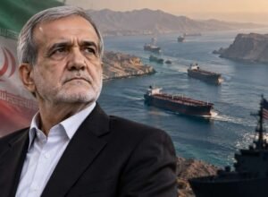 Ilustrasi Presiden Iran Masoud Pezeshkian dengan latar Selat Hormuz dan kapal tanker di tengah ketegangan Iran-AS