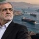 Ilustrasi Presiden Iran Masoud Pezeshkian dengan latar Selat Hormuz dan kapal tanker di tengah ketegangan Iran-AS