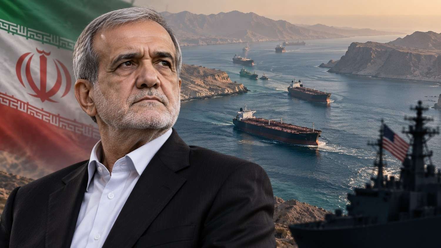 Ilustrasi Presiden Iran Masoud Pezeshkian dengan latar Selat Hormuz dan kapal tanker di tengah ketegangan Iran-AS