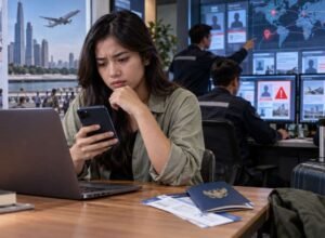 Ilustrasi calon pekerja migran memeriksa lowongan kerja ilegal di platform digital