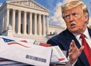 Ilustrasi Mahkamah Agung Amerika Serikat, Donald Trump, dan surat suara melalui pos terkait putusan USPS jelang Pemilu AS 2026.