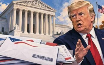 Ilustrasi Mahkamah Agung Amerika Serikat, Donald Trump, dan surat suara melalui pos terkait putusan USPS jelang Pemilu AS 2026.