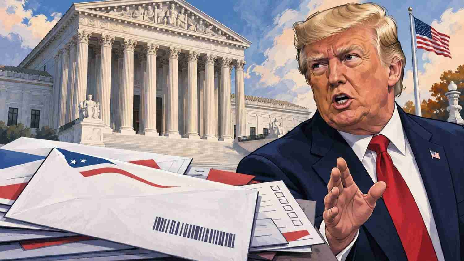 Ilustrasi Mahkamah Agung Amerika Serikat, Donald Trump, dan surat suara melalui pos terkait putusan USPS jelang Pemilu AS 2026.