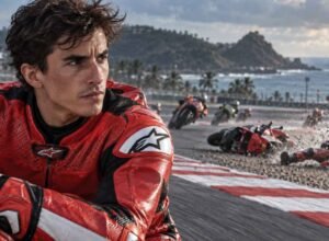 Marc Marquez dengan latar ilustrasi crash MotoGP Indonesia di Sirkuit Mandalika