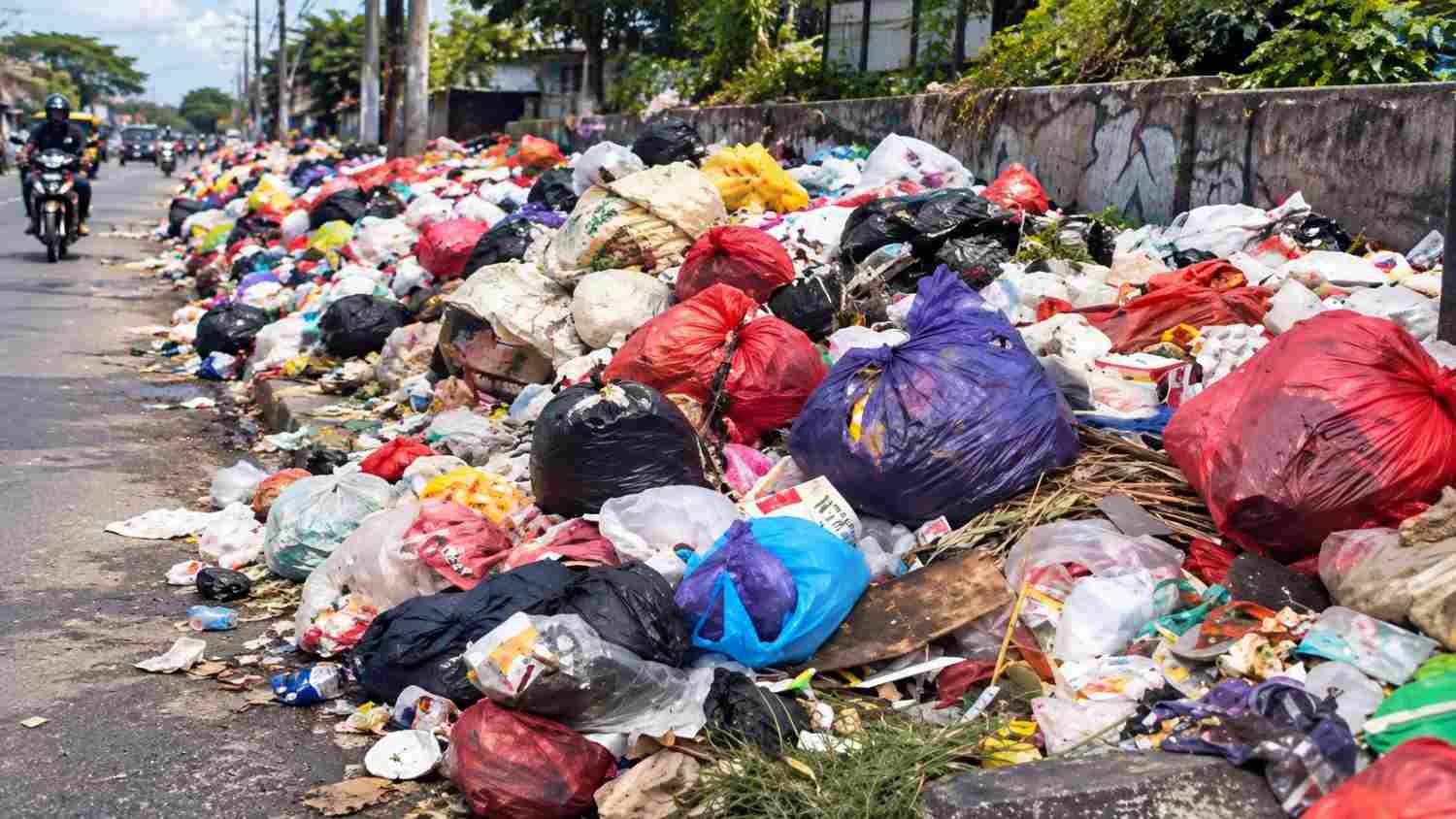 Tumpukan sampah di tepi jalan menggambarkan persoalan pengelolaan sampah dan open dumping di Kabupaten Gowa