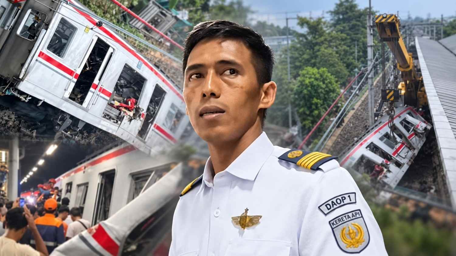Ilustrasi masinis Argo Bromo Anggrek jadi tersangka dalam tabrakan KRL Bekasi dengan latar evakuasi kereta