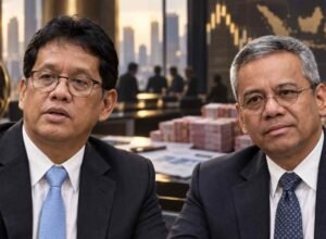 Purbaya Yudhi Sadewa dan Suahasil Nazara dengan latar isu polemik Rp120 triliun Danantara