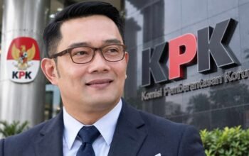 Ridwan Kamil dengan latar gedung KPK terkait penyidikan kasus iklan Bank BJB