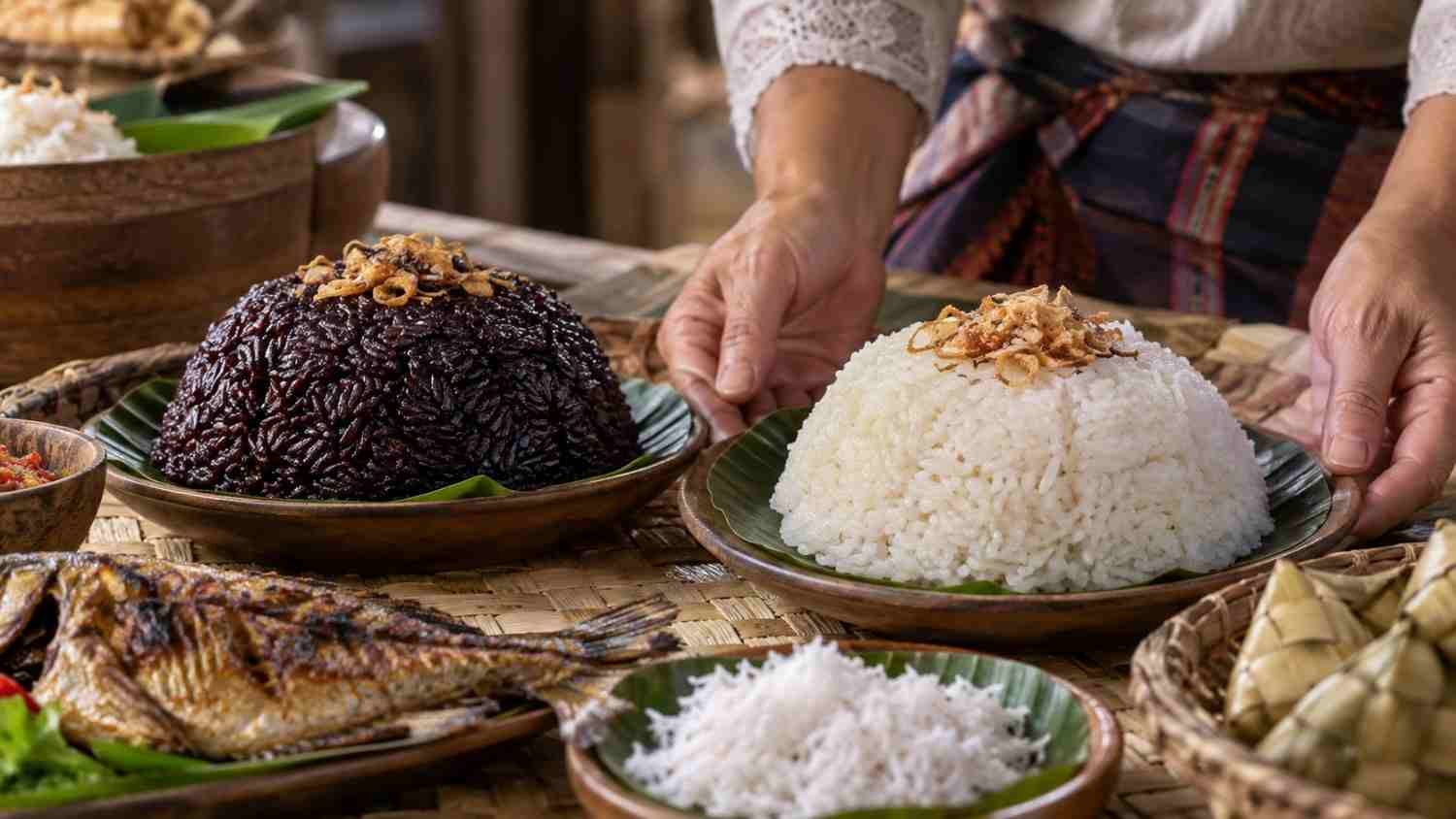 Songkolo ketan hitam dan ketan putih dengan lauk tradisional khas Sulawesi Selatan