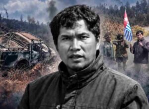 Ilustrasi kendaraan terbakar dan kelompok bersenjata terkait kasus penembakan sopir di kawasan Habema, Papua Pegunungan.