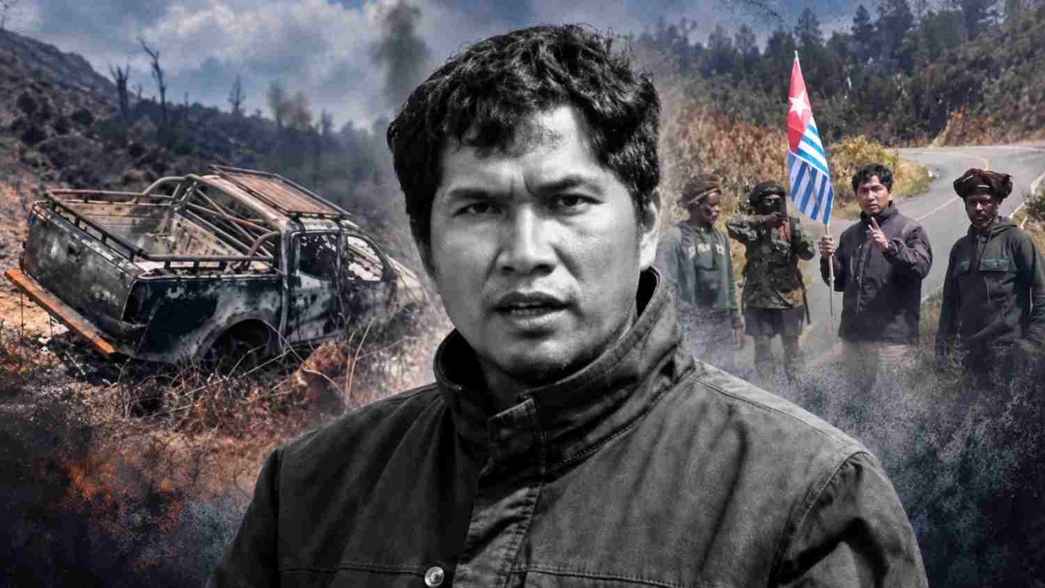 Ilustrasi kendaraan terbakar dan kelompok bersenjata terkait kasus penembakan sopir di kawasan Habema, Papua Pegunungan.
