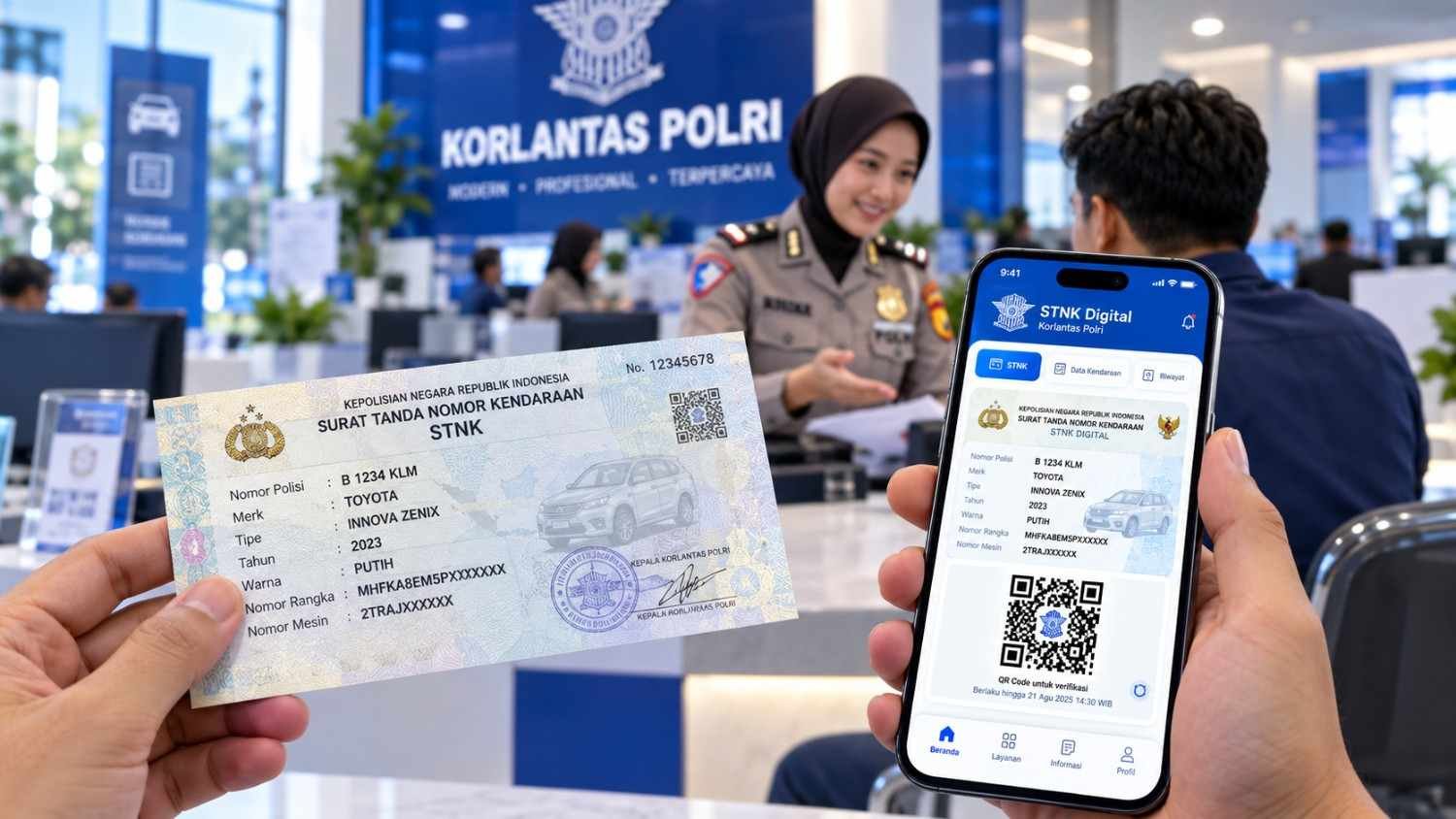 STNK Digital dan STNK fisik Korlantas Polri yang dapat ditunjukkan melalui HP dan diverifikasi dengan QR dinamis