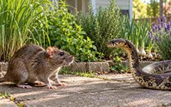 Ilustrasi tikus dan ular di halaman rumah dengan tanaman di sekitarnya