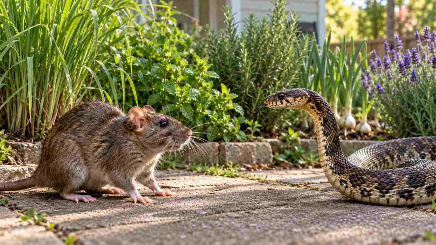 Ilustrasi tikus dan ular di halaman rumah dengan tanaman di sekitarnya