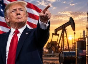 Donald Trump dengan latar ladang minyak Amerika Serikat setelah produksi minyak AS diproyeksikan mencapai rekor 13,8 juta barel per hari pada 2026.