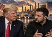 Donald Trump dan Volodymyr Zelensky dengan latar krisis solar AS dan kilang energi