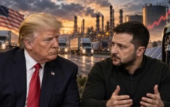 Donald Trump dan Volodymyr Zelensky dengan latar krisis solar AS dan kilang energi