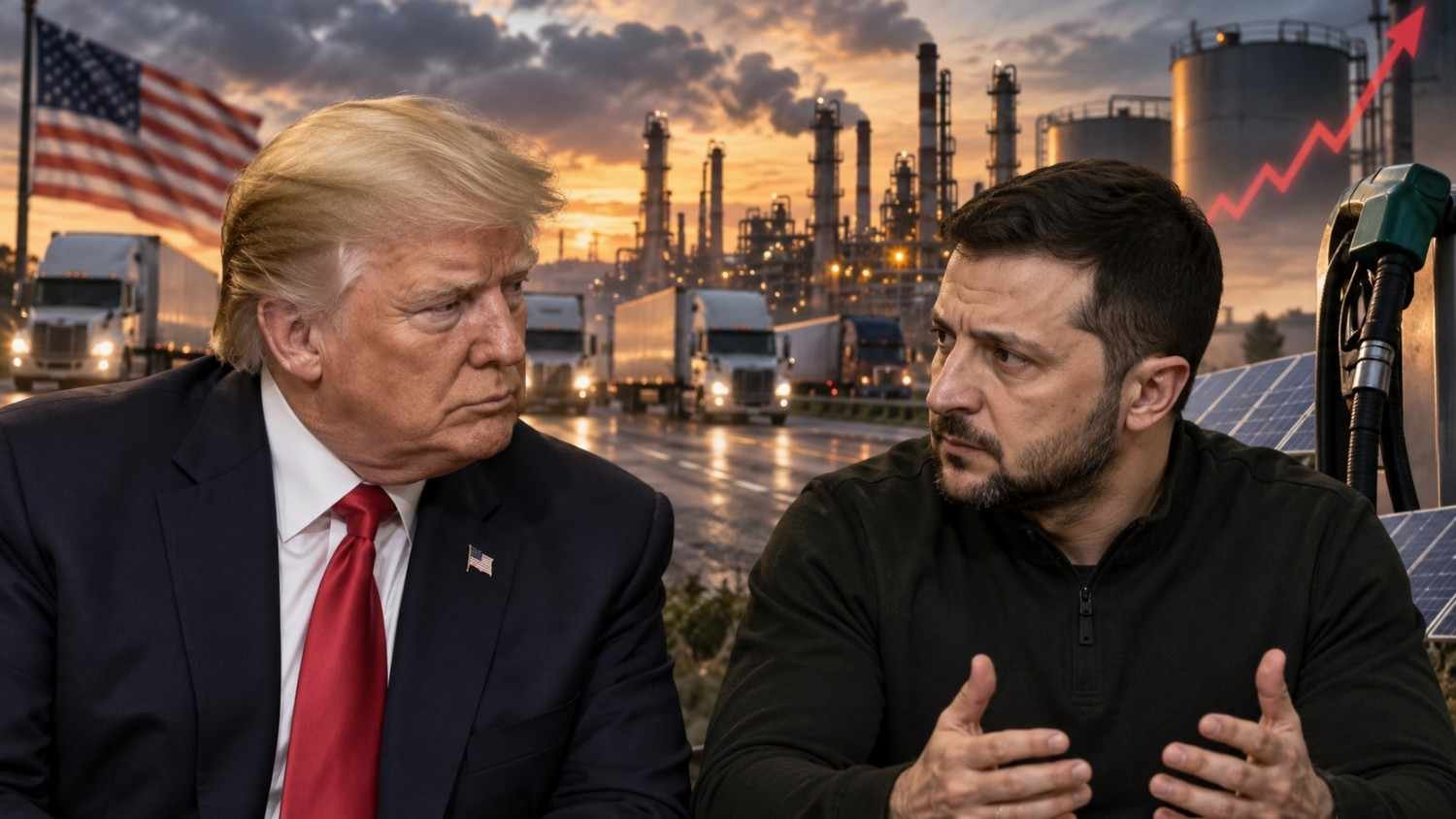 Donald Trump dan Volodymyr Zelensky dengan latar krisis solar AS dan kilang energi