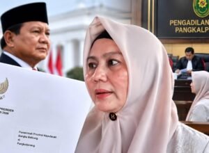 Prabowo Berhentikan Sementara Wagub Babel Hellyana, Ini Duduk Perkara Dugaan Ijazah Palsu Ilustrasi Wagub Babel Hellyana dengan salinan Keppres pemberhentian sementara dan latar persidangan