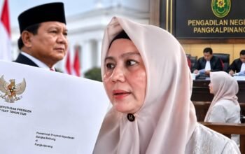 Ilustrasi Wagub Babel Hellyana dengan salinan Keppres pemberhentian sementara dan latar persidangan