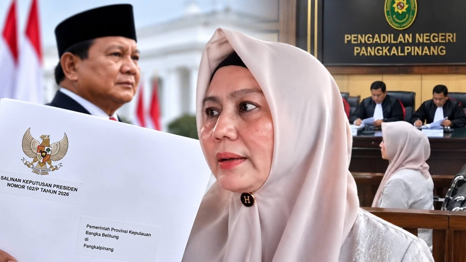Ilustrasi Wagub Babel Hellyana dengan salinan Keppres pemberhentian sementara dan latar persidangan