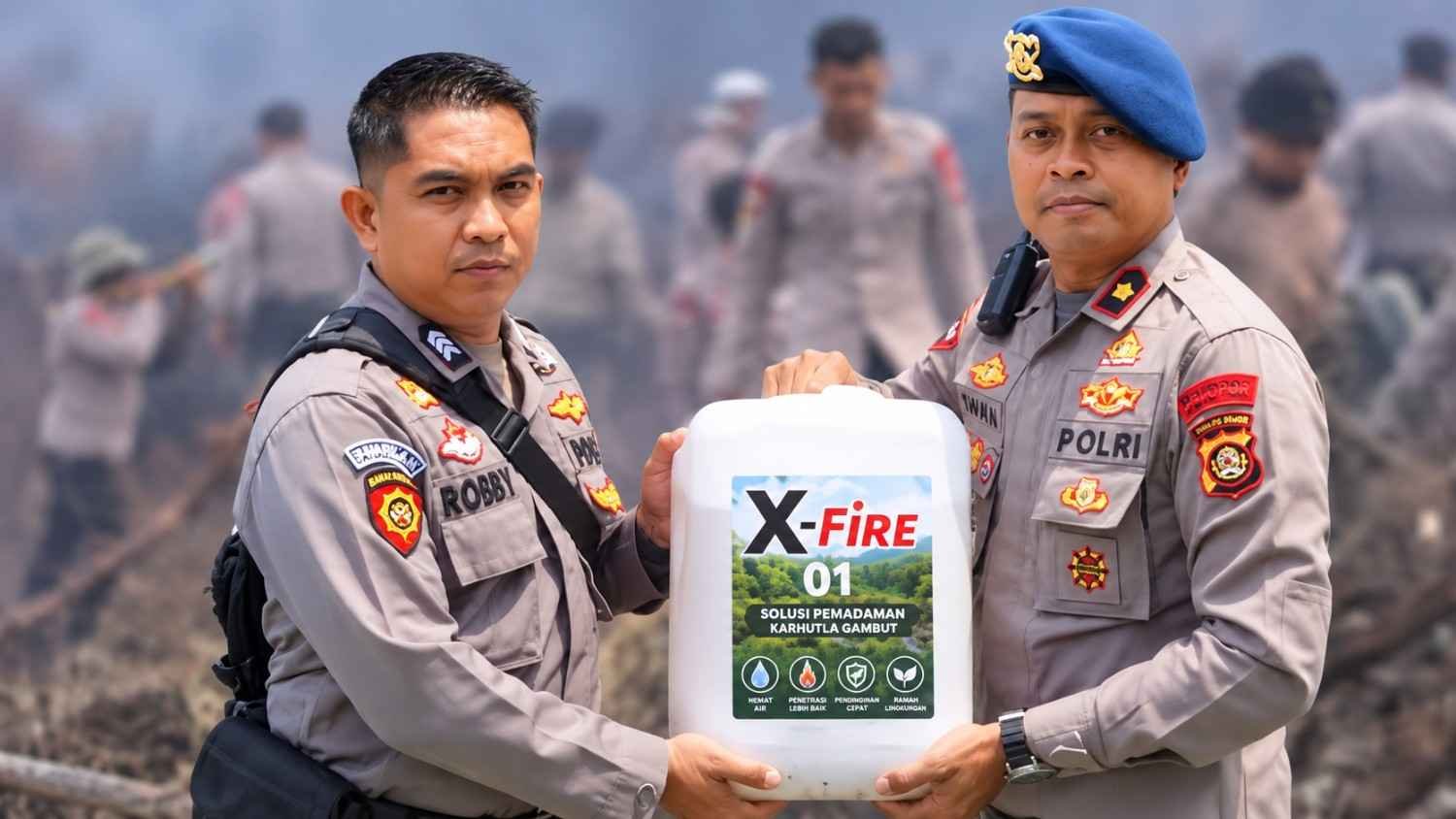 Petugas Polri menunjukkan formula pemadam X-Fire yang digunakan untuk membantu pemadaman karhutla dan bara gambut.
