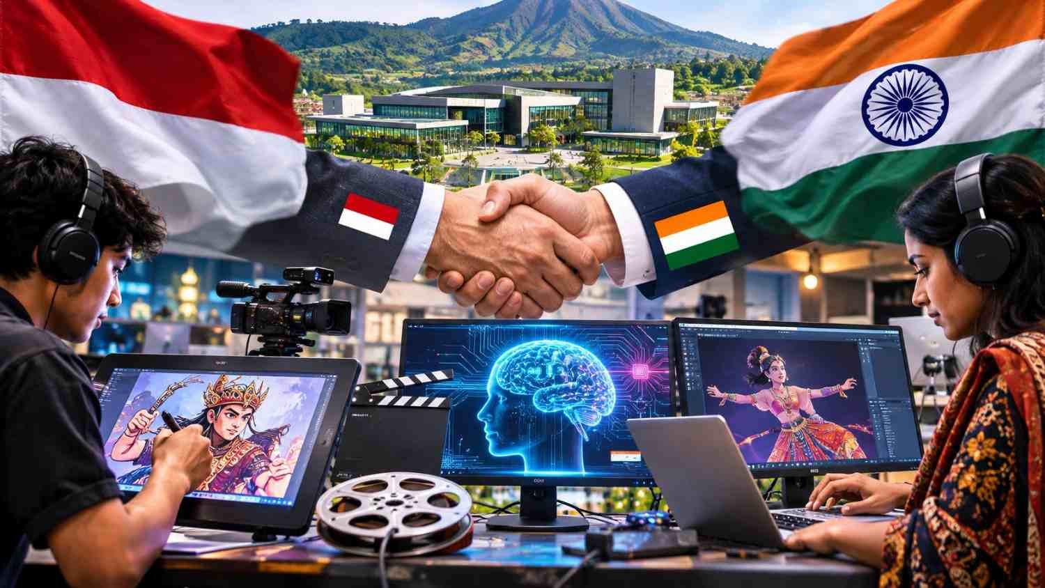 Ilustrasi kerja sama Indonesia dan India dalam pengembangan teknologi AI serta industri kreatif di KEK Singhasari.