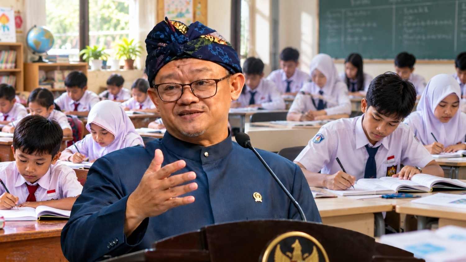 Mendikdasmen Abdul Mu'ti terkait kebijakan siswa tidak otomatis naik kelas mulai tahun ajaran 2027/2028, dengan ilustrasi siswa SD dan SMP belajar.