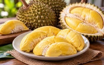 Daging buah durian matang yang disajikan untuk menggambarkan porsi konsumsi durian