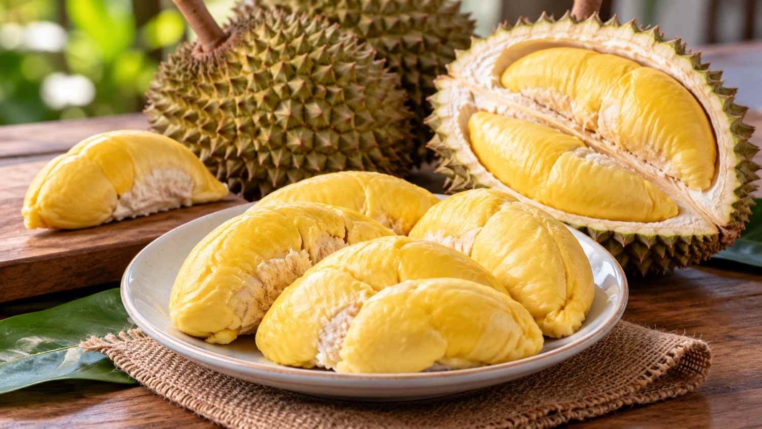 Daging buah durian matang yang disajikan untuk menggambarkan porsi konsumsi durian