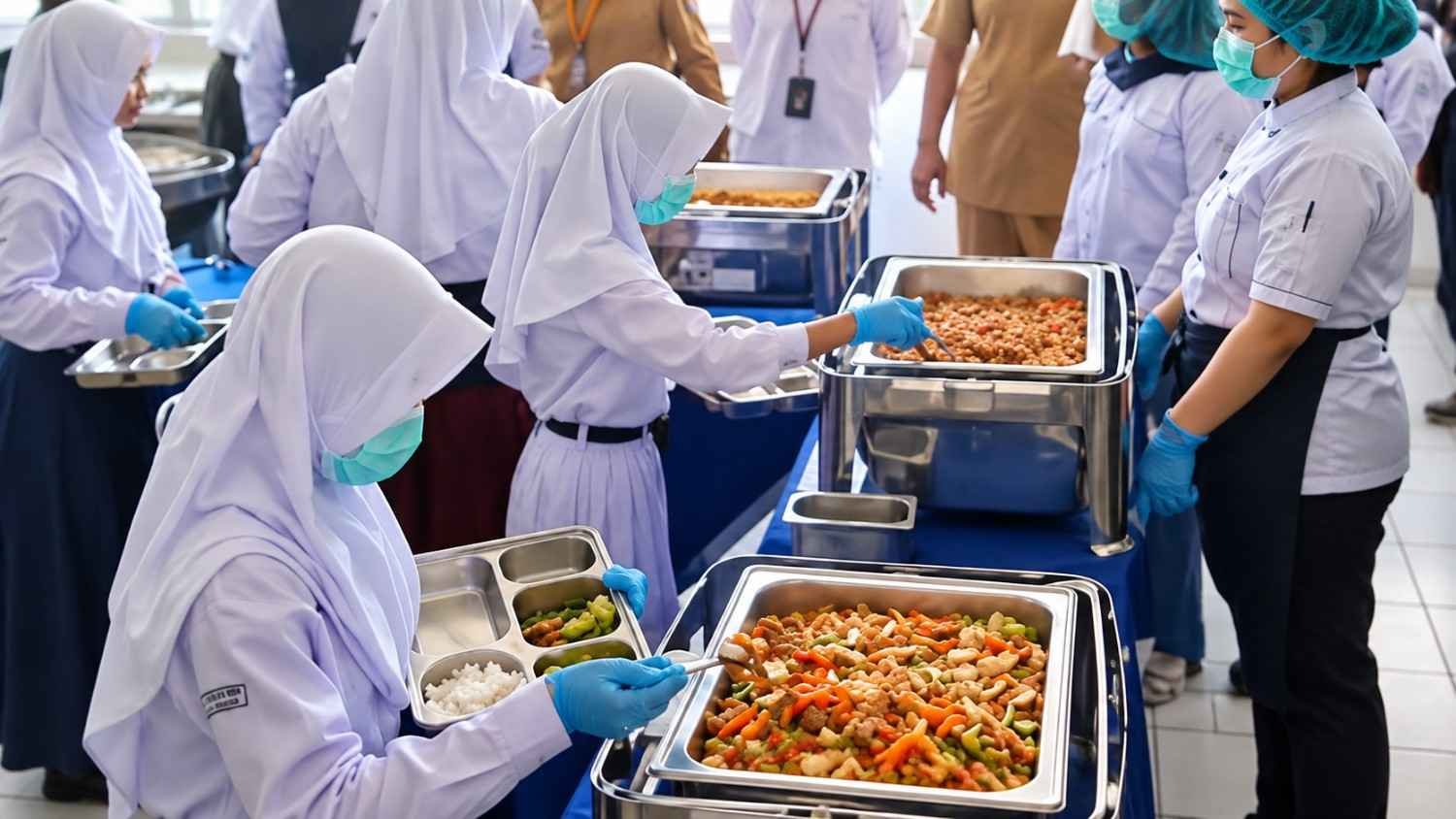 Ilustrasi penyajian Makan Bergizi Gratis dengan sistem prasmanan di ruang kelas sekolah