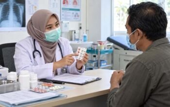 Ilustrasi petugas kesehatan menyiapkan obat tuberkulosis dalam pelayanan pasien TBC.