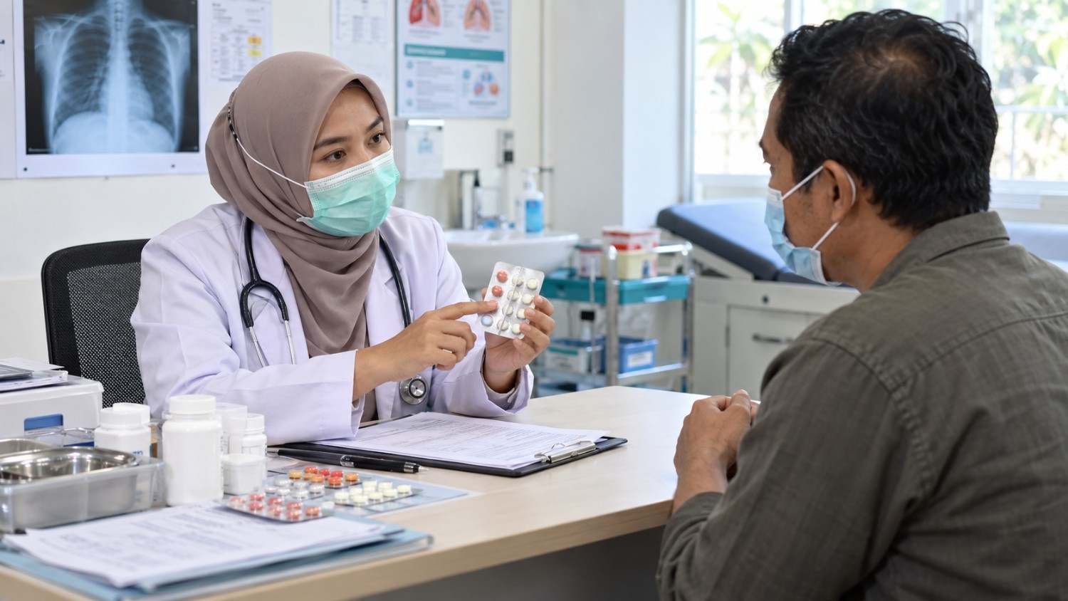 Ilustrasi petugas kesehatan menyiapkan obat tuberkulosis dalam pelayanan pasien TBC.