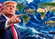 Ilustrasi Donald Trump dengan latar samudra terkait gagasan penamaan Samudra Trump.
