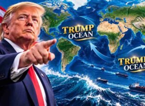 Ilustrasi Donald Trump dengan latar samudra terkait gagasan penamaan Samudra Trump.