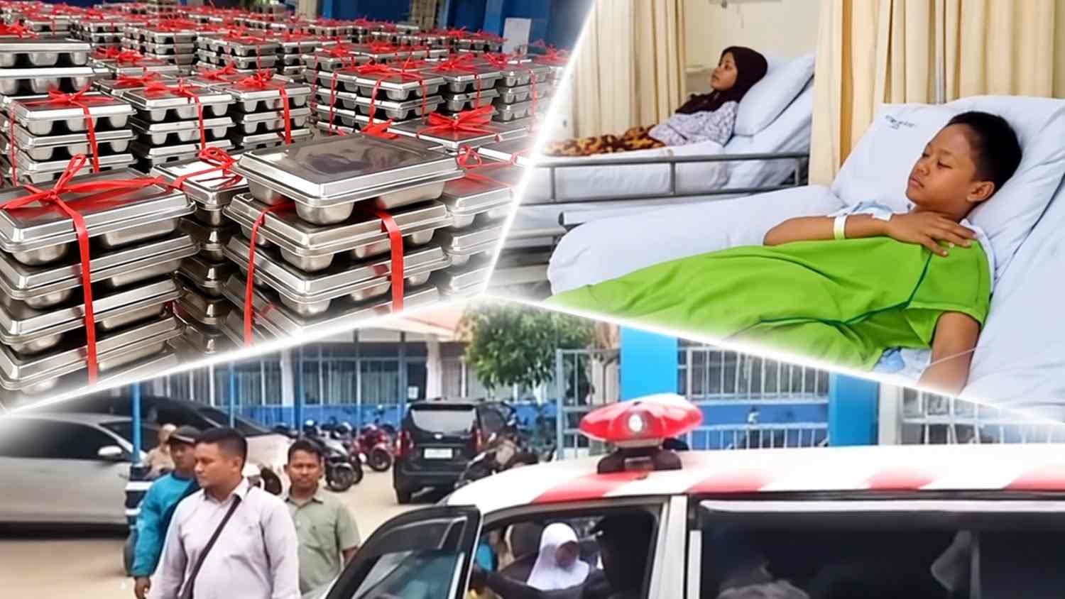 ilustrasi dugaan keracunan MBG Dramaga Bogor dengan siswa dirawat dan wadah makanan