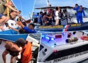 Kolase empat gambar yang memperlihatkan proses evakuasi penumpang menggunakan kapal penyelamat di perairan Labuan Bajo.