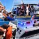 Kolase empat gambar yang memperlihatkan proses evakuasi penumpang menggunakan kapal penyelamat di perairan Labuan Bajo.